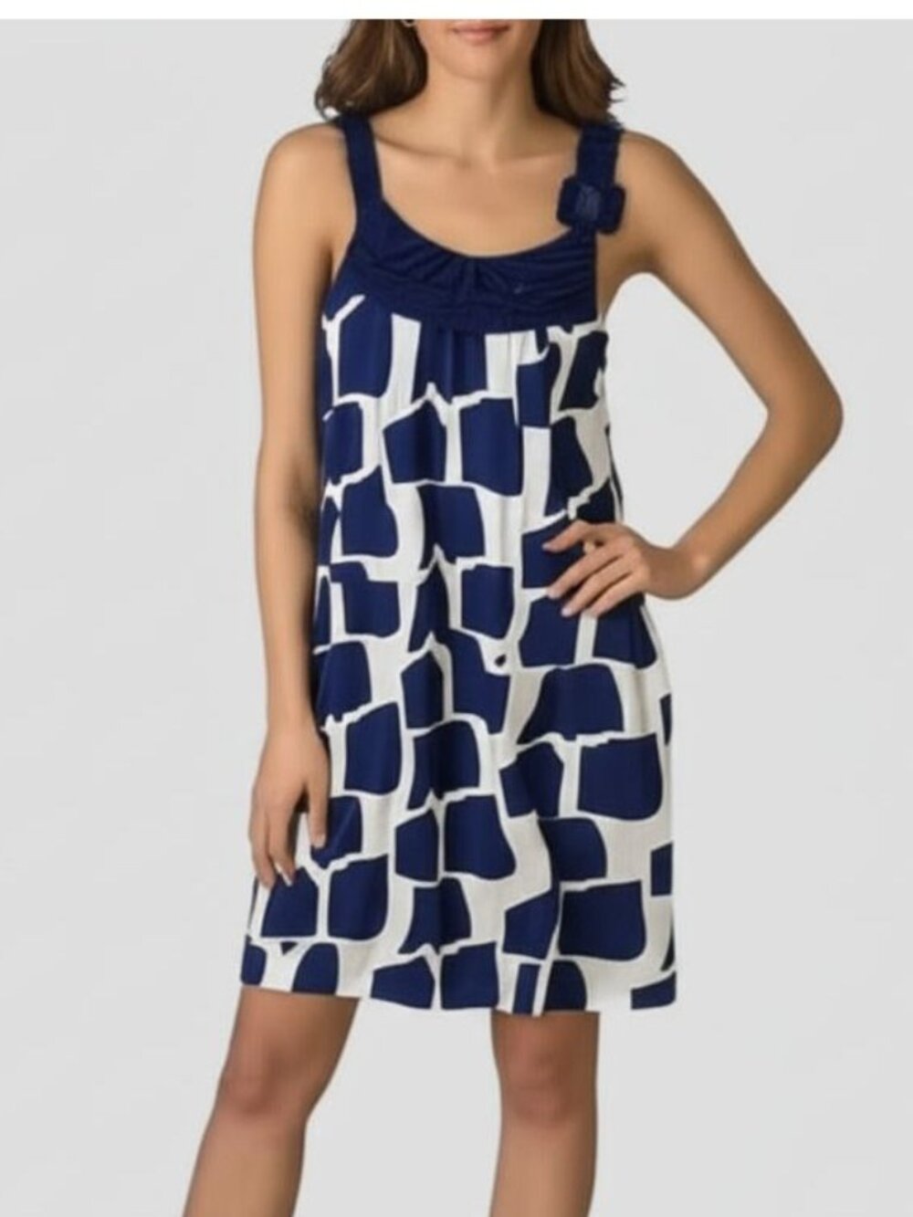 Vintage Y2K BCBGMAXAZRIA Navy Off White Geometric Mini Shift Dress Small